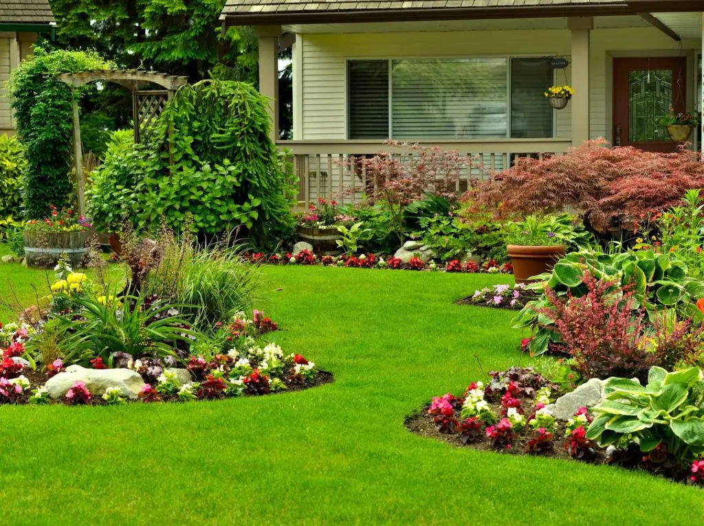 A garden with flowers and grass in the middle of it.